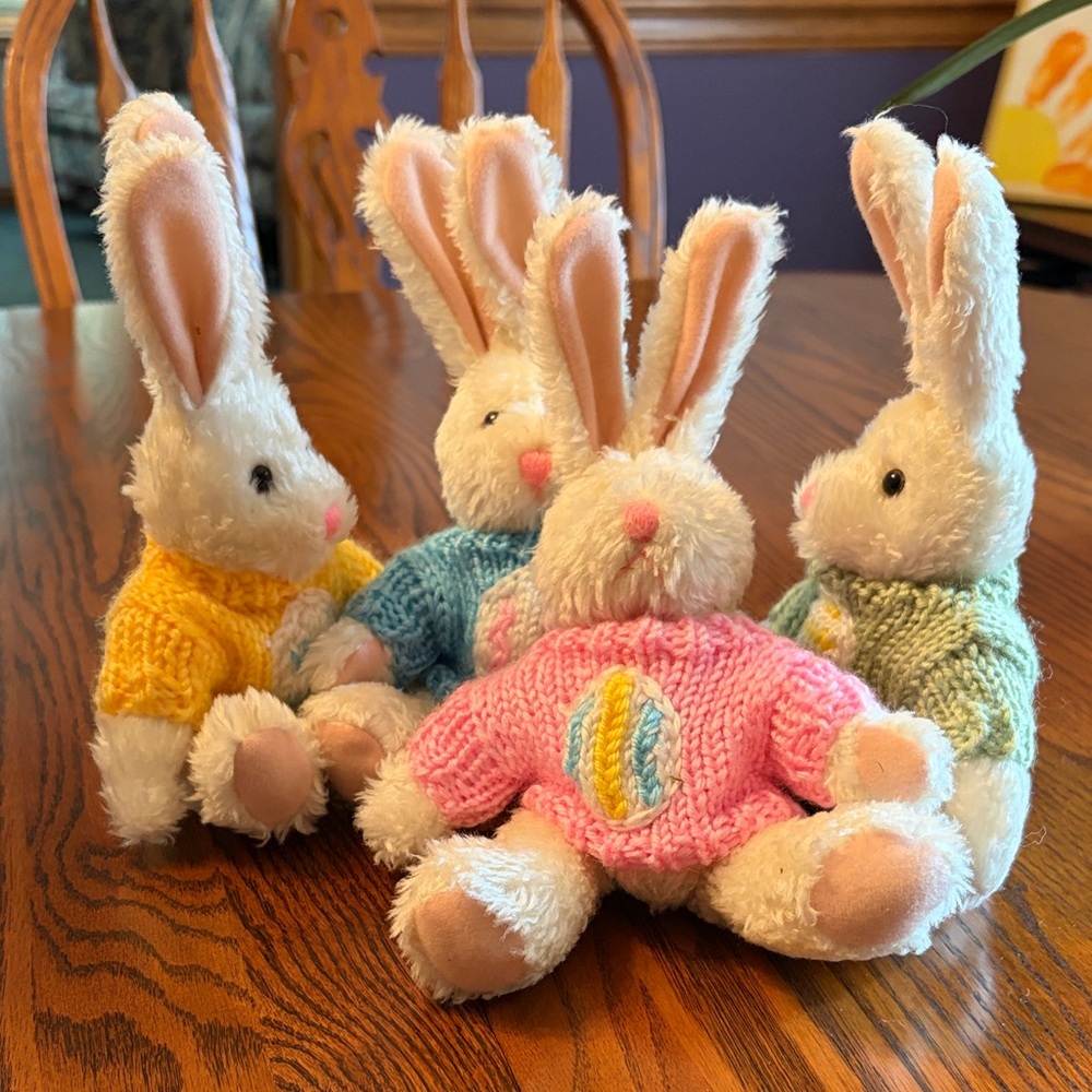 Set of Plush Bunnies in Colorful Sweaters